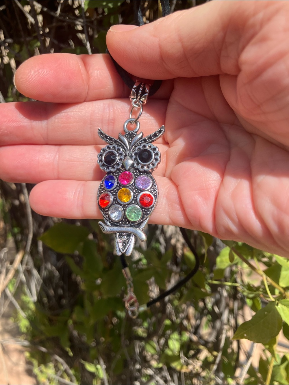 Vintage Silver Owl Pendant Necklace with Multicolor Stones